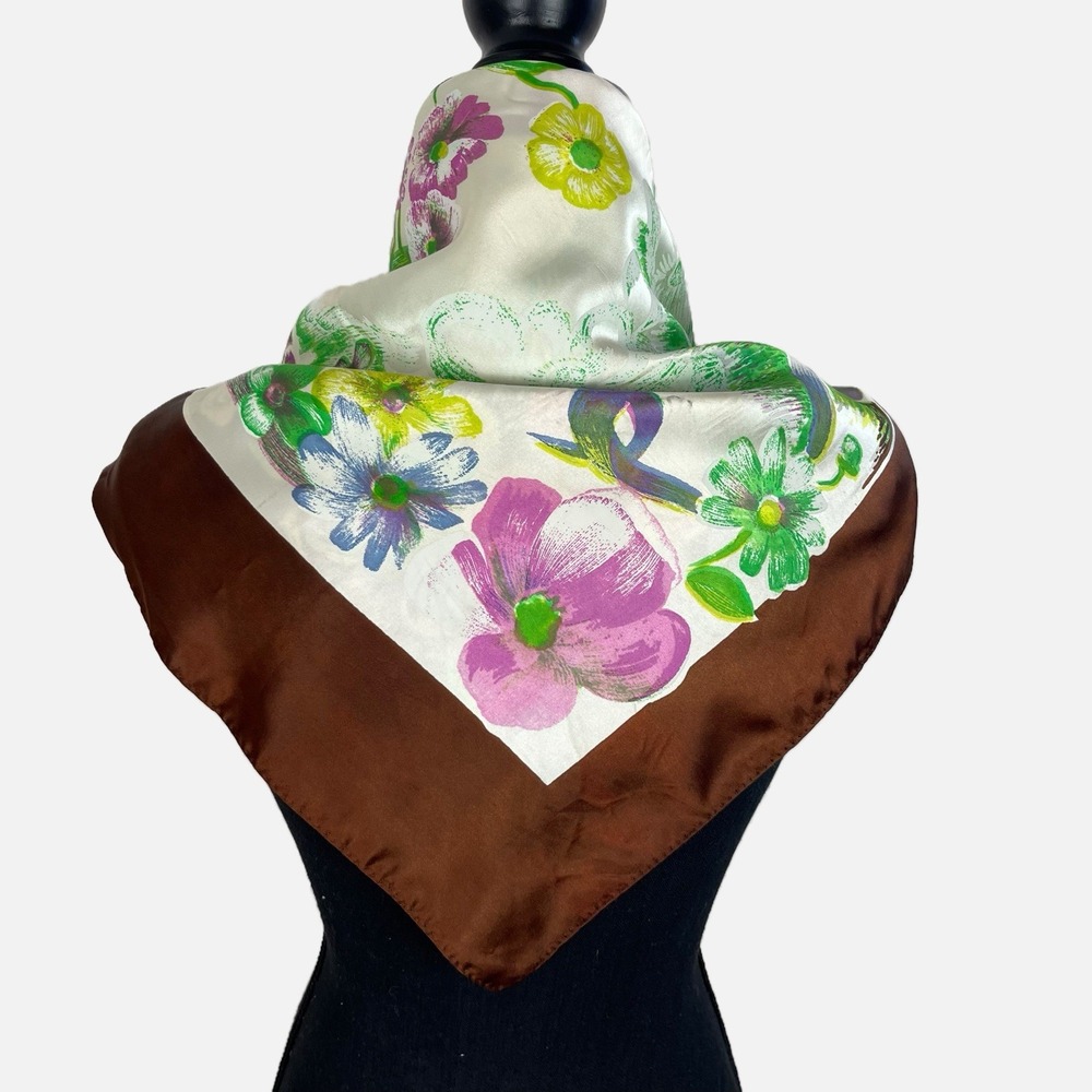 Vintage 1970s Scarf Silky Floral Square Quiet Luxury Retro Fashion Brown Pink